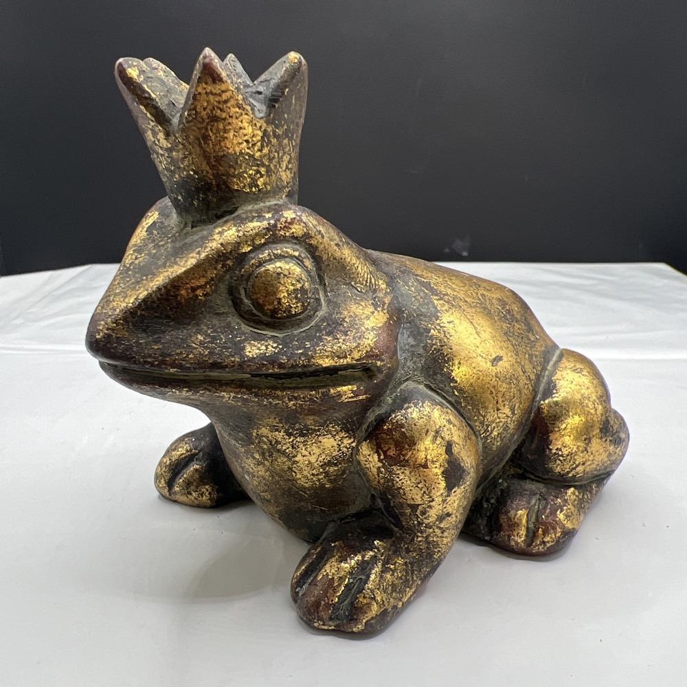 Resin Frog Prince Statue Crown Figurine Gold Finish Verdigris Patina Garden Deco
